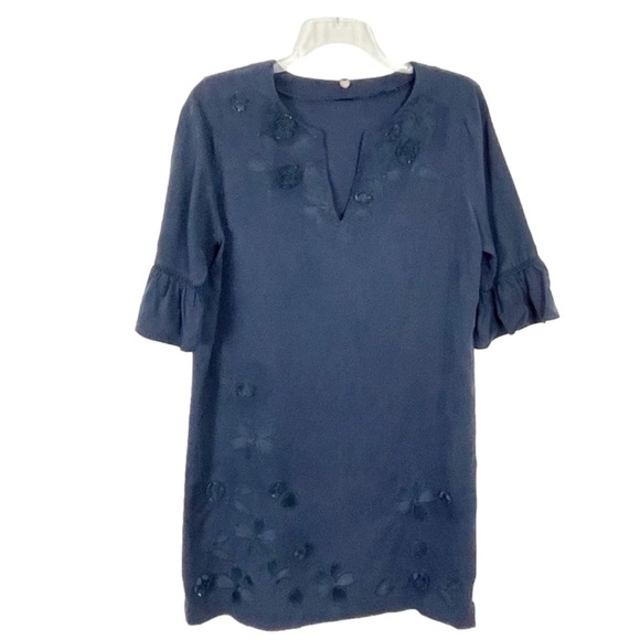 Margaret O’Leary Linen Blend Navy Embroidered 3-D Applique Floral Dress Large - Picture 1 of 9